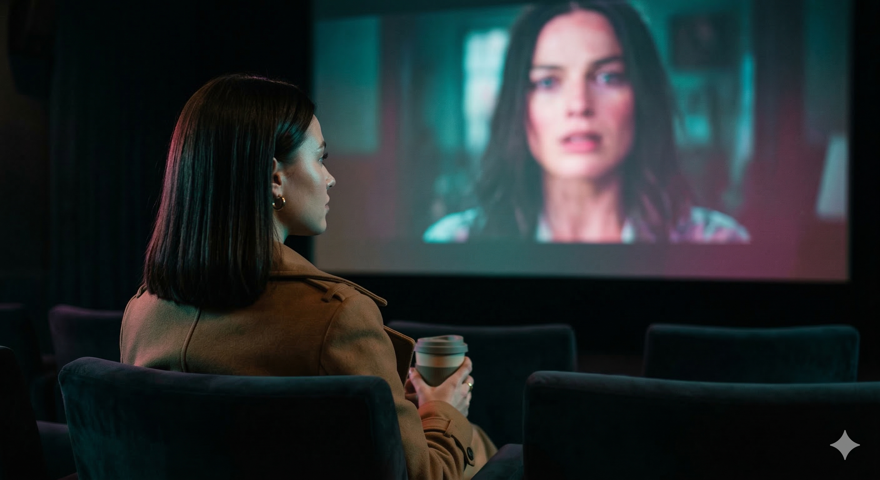 Естетика сучасного кіно: Дівчина в кінозалі занурена в перегляд найочікуваніших фільмів 2026 року з сильними жіночими персонажами.